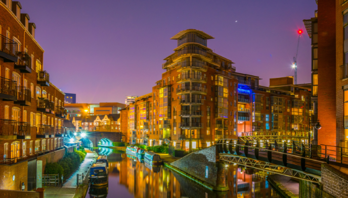 Picture of residential buildings by a canal with bridges